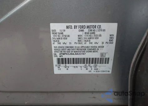 2020 Ford Edge Sel из США, поврежденный, VIN 2FMPK3J94LBA33167